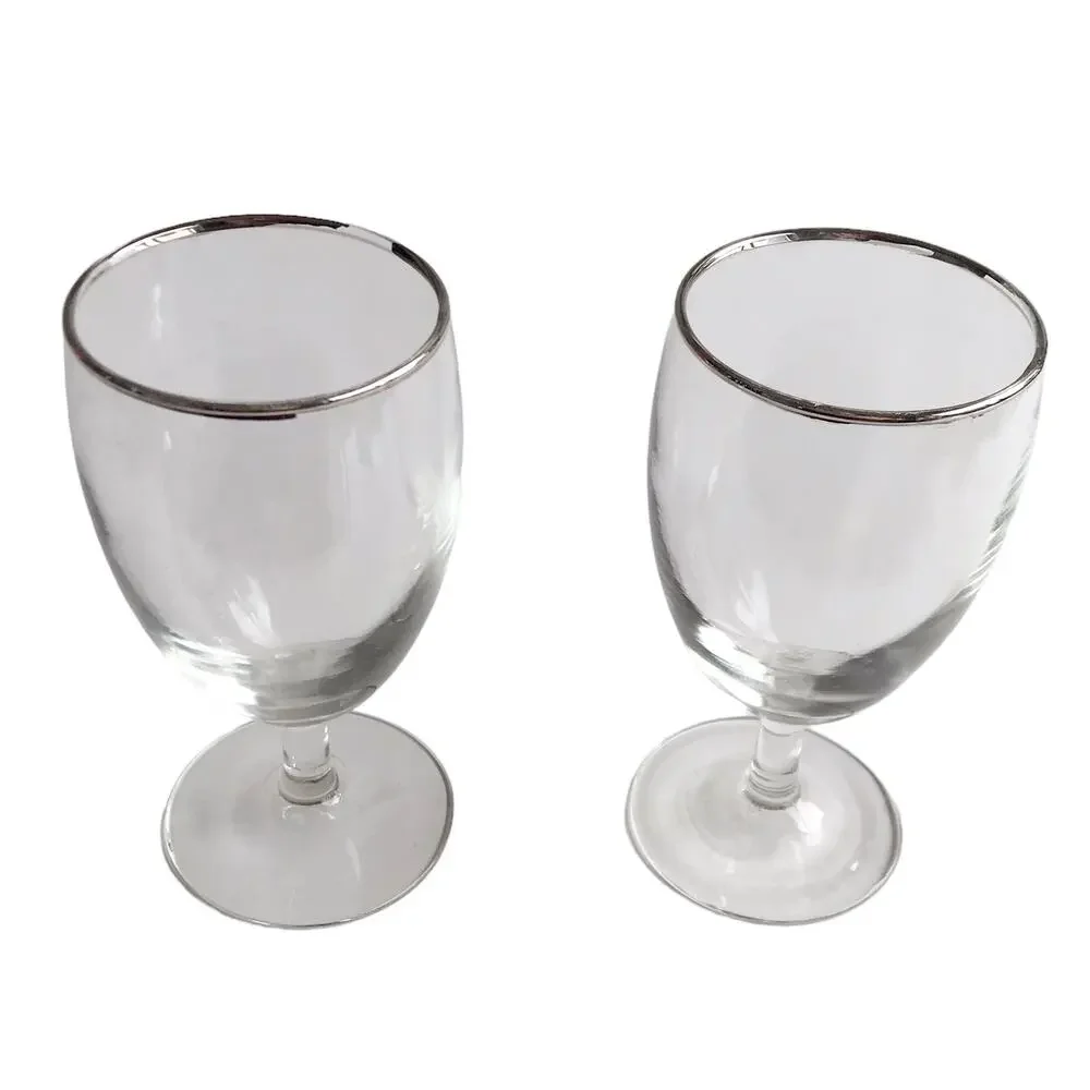 Footed Water Glasses Set of 2 Goblets Silver Rimmed Clear Stemmed Drinking Glass